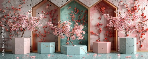 Cherry blossom themed background with decorative gift boxes