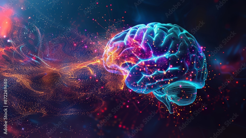 A vibrant and dynamic illustration of a brain with a network of luminous A vibrant and dynamic illustration of a brain with a network of luminous