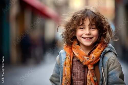 Portrait of a cute little girl with curly hair in a colorful scarf