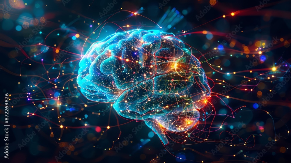 Obraz premium A vibrant and dynamic illustration of a brain with a network of luminous