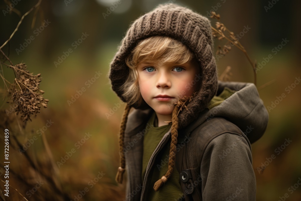 Cute little boy in a knitted hat and coat in autumn forest. Cute little boy in a knitted hat and coat in autumn forest.