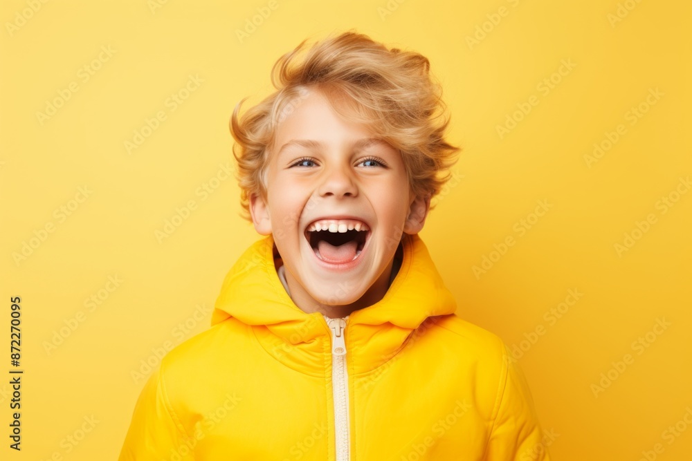 Surprised little boy in yellow hoodie over yellow background. Surprised little boy in yellow hoodie over yellow background.