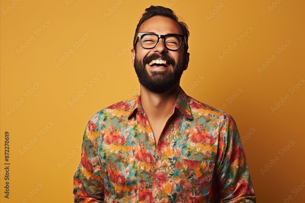 Portrait of a young hipster man with beard and glasses over yellow background Portrait of a young hipster man with beard and glasses over yellow background