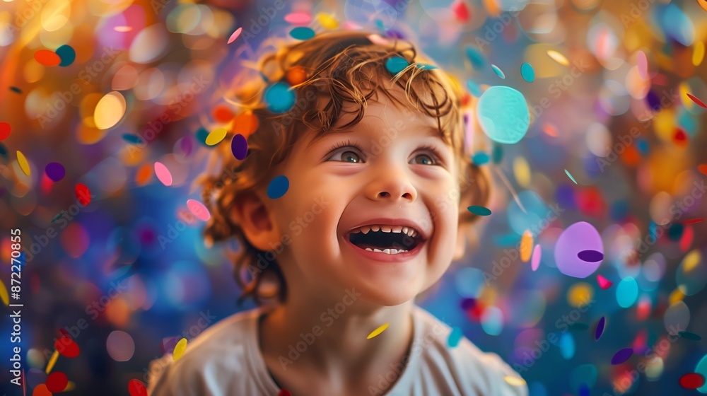 Portrait of a happy toddler celebrating with bright, festive confetti, highlighting the pure happiness and wonder of a young child. Portrait of a happy toddler celebrating with bright, festive confetti, highlighting the pure happiness and wonder of a young child.