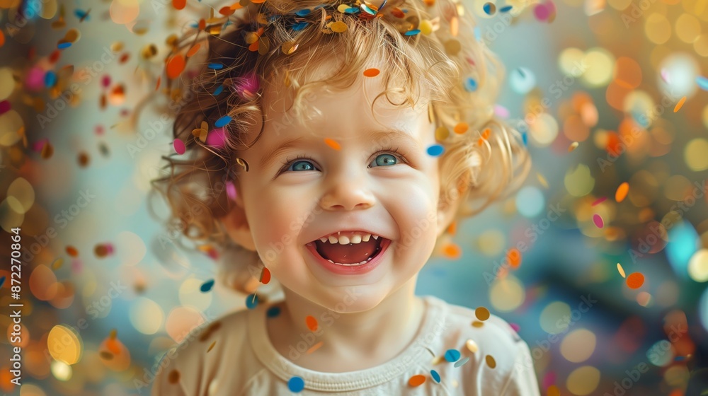 Portrait of a happy toddler celebrating with bright, festive confetti, highlighting the pure happiness and wonder of a young child. Portrait of a happy toddler celebrating with bright, festive confetti, highlighting the pure happiness and wonder of a young child.