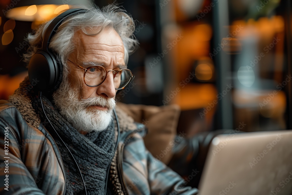 Senior Man Wearing Headphones Using Laptop in Cafe
