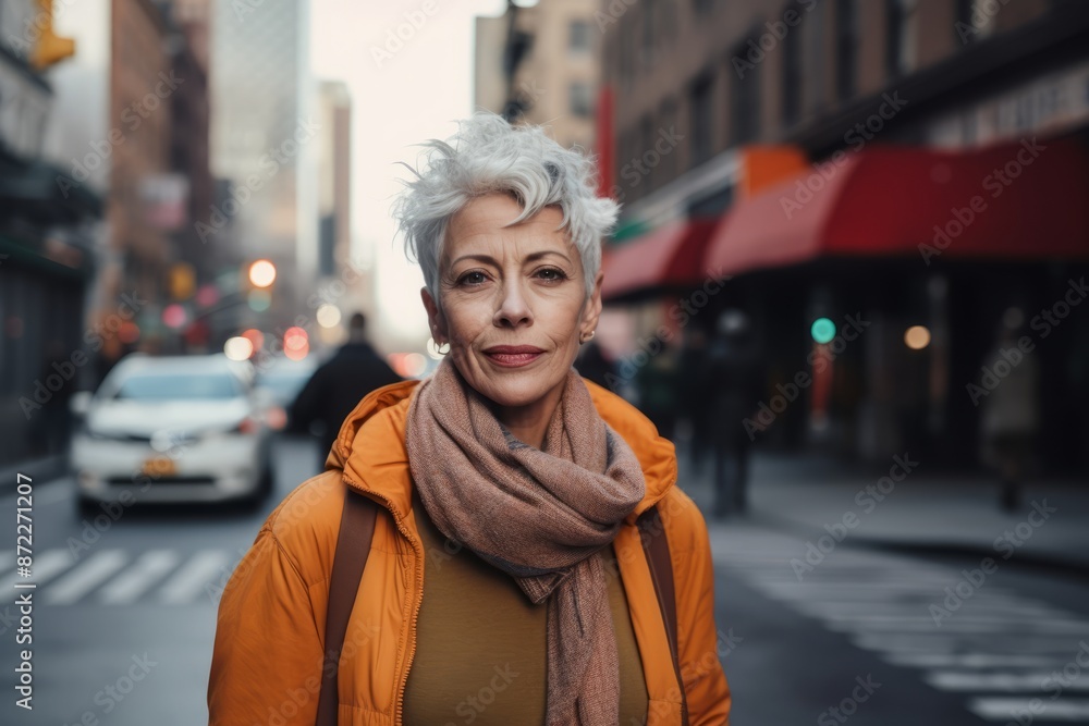 Portrait of senior woman in New York City, wearing orange jacket and scarf. Portrait of senior woman in New York City, wearing orange jacket and scarf.