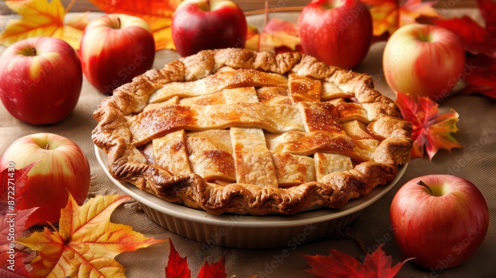 Freshly baked apple pie surrounded by vibrant fall leaves and apples. Generative AI Freshly baked apple pie surrounded by vibrant fall leaves and apples. Generative AI