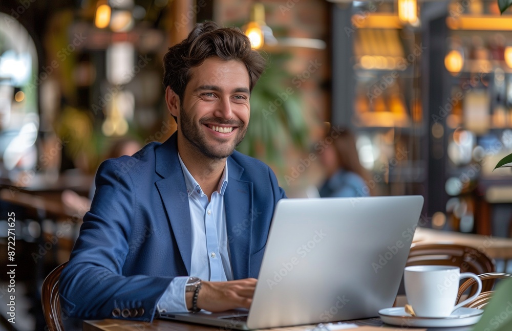 A young professional works on his laptop in a cafe, smiling at the screen, holding a coffee cup A young professional works on his laptop in a cafe, smiling at the screen, holding a coffee cup
