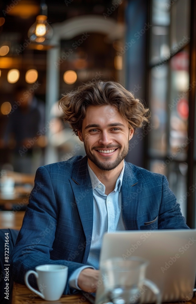 A young professional works on his laptop in a cafe, smiling at the screen, holding a coffee cup A young professional works on his laptop in a cafe, smiling at the screen, holding a coffee cup