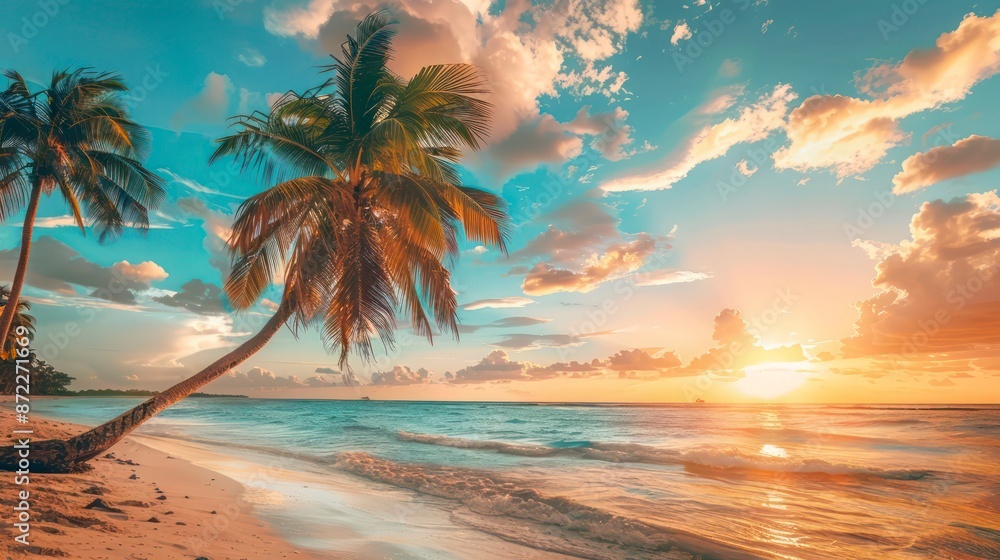 Obraz premium Tropical Beach at Sunset with Palm Tree and Calm Ocean Waves - Perfect Summer Holiday&nbsp;Background