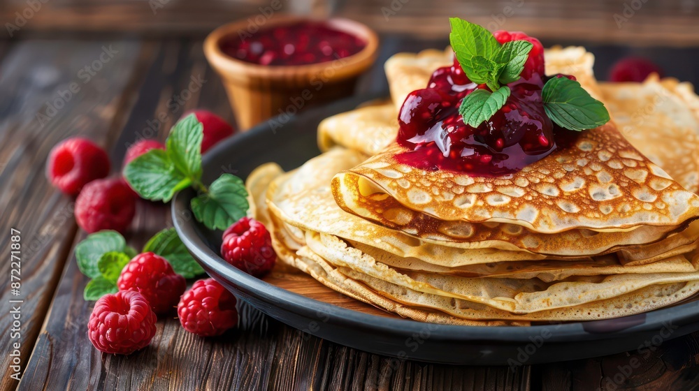 Freshly made crepes stacked on a plate with a side of vibrant berry compote. Generative AI Freshly made crepes stacked on a plate with a side of vibrant berry compote. Generative AI