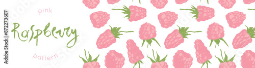 Vector floral banner template with abstract raspberry hand drawn illustrations. Pink raspberries pattern seamless for packaging design or sign. Juice or jam label design. Wild berry background.