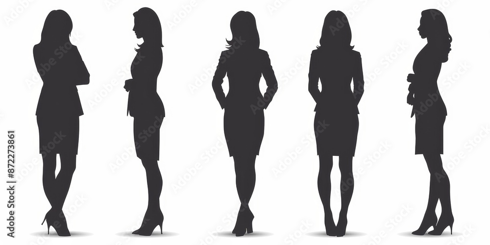 unrecognizable businesswoman silhouette in different poses on isolated white background unrecognizable businesswoman silhouette in different poses on isolated white background