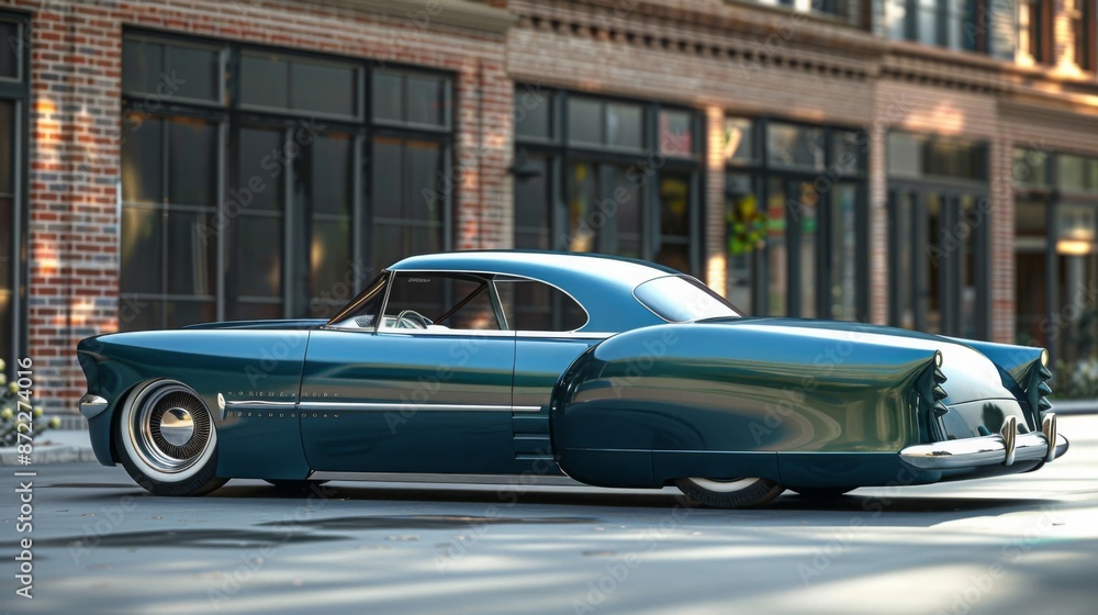 A teal classic car is parked on a city street. The car is sleek and stylish with a chrome bumper and large wheels. A teal classic car is parked on a city street. The car is sleek and stylish with a chrome bumper and large wheels.
