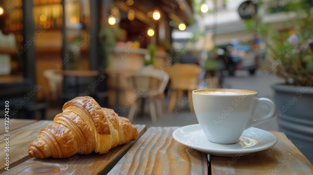 Golden brown croissants and coffee cups sit on a wooden table in a cozy street cafe setting. Generative AI Golden brown croissants and coffee cups sit on a wooden table in a cozy street cafe setting. Generative AI