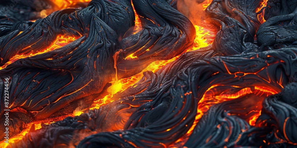 Molten lava and flames up close, glowing fiercely in the dark Molten lava and flames up close, glowing fiercely in the dark