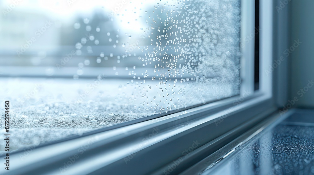 Close-up view of a window pane with microscopic insulating gas particles, highlighting the advanced engineering of energy-efficient windows Close-up view of a window pane with microscopic insulating gas particles, highlighting the advanced engineering of energy-efficient windows