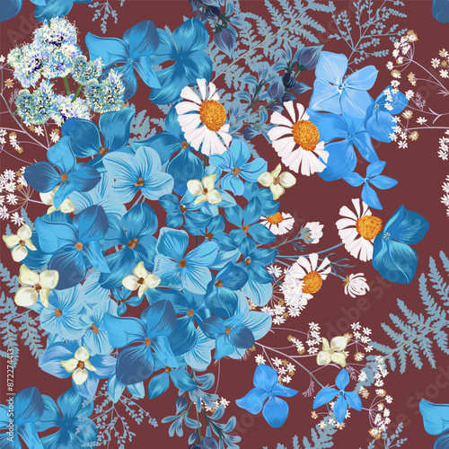 Seamless pattern with spring hydrangea flowers in vintage style. Vector