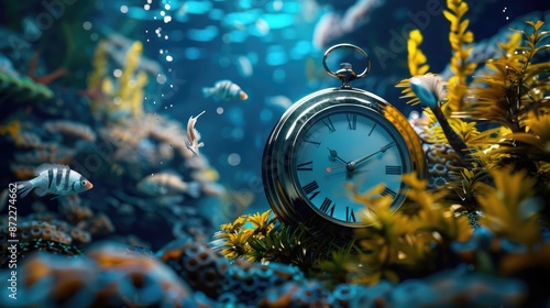 Sea creatures gathering around a bioluminescent clock striking midnight underwater, celebrating the New Year. 2025 new year clock