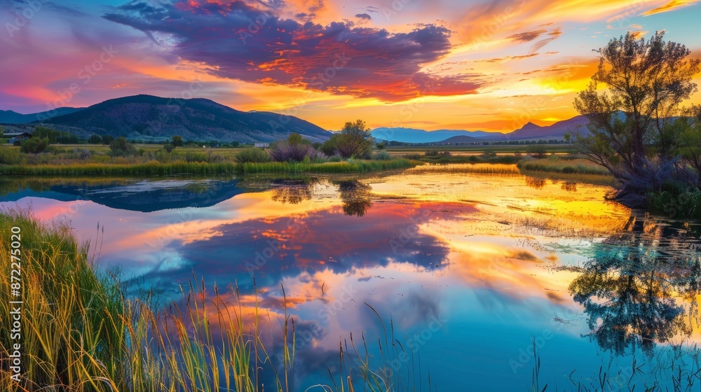 Fototapeta premium Serene Sunset Over Rural Landscape with Reflective Waters