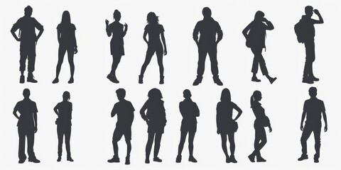 unrecognizable people silhouettes in different poses on isolated white background