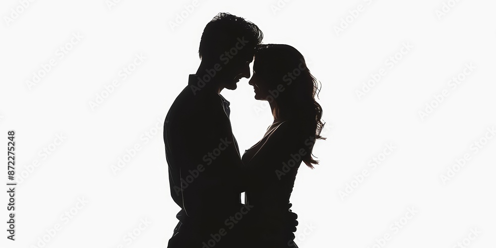 unrecognizable silhouette of a couple hugging each other on isolated white background . unrecognizable silhouette of a couple hugging each other on isolated white background .