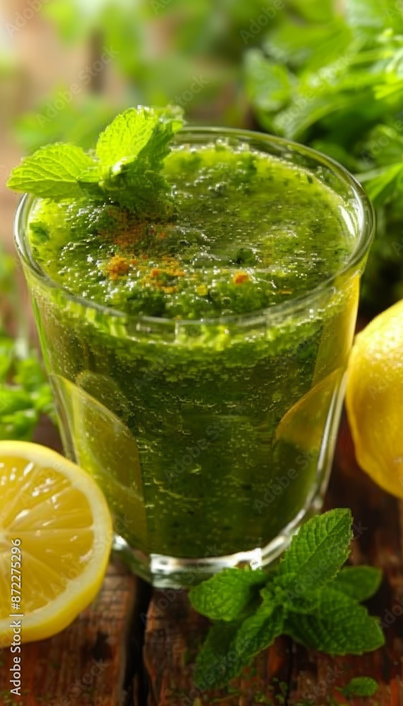 Close up of a refreshing green smoothie with fresh mint and zesty lemon in a clear glass Close up of a refreshing green smoothie with fresh mint and zesty lemon in a clear glass
