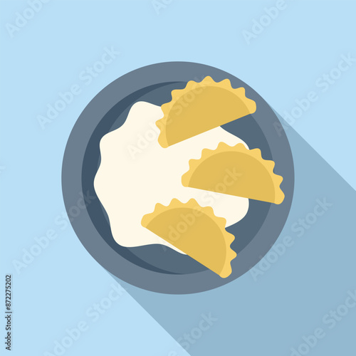 Traditional ukrainian food, varenyky or pierogi dumplings, is served on a plate with sour cream