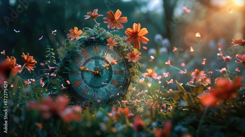 Wallpaper Mural Flower clock striking midnight, unveiling the New Year with blooming petals in a peaceful garden setting. 2025 new year clock Torontodigital.ca