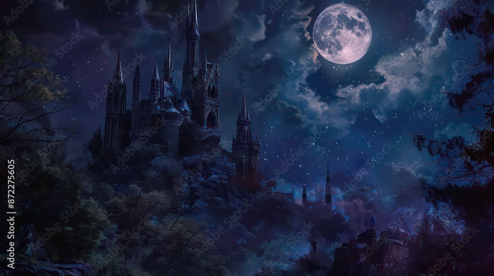 Obraz premium Illustration of an enchanted, mystical, and magical fantasy castle under a full moon in a night scene, set in a dark forest with gothic, medieval towers and spires
