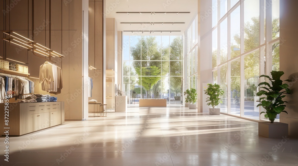 Fototapeta premium high-end fashion boutique with large, stylish energy-efficient windows that showcase clothing under natural lighting without the heat buildup typical of traditional windows