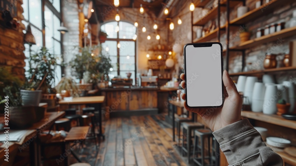 Cozy Café Interior with Blank Smartphone Screen - Generative AI Cozy Café Interior with Blank Smartphone Screen - Generative AI