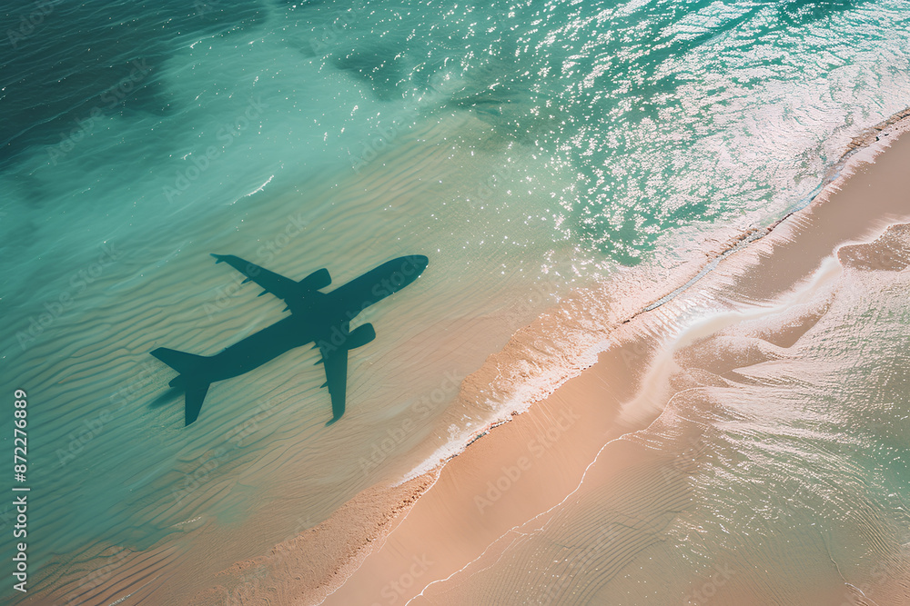 Travel concept with airplane and beach shadow Travel concept with airplane and beach shadow
