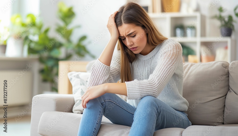 A stressful young woman sitting on a sofa and suffering from headache with hand holding her head A stressful young woman sitting on a sofa and suffering from headache with hand holding her head