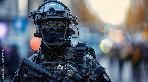 A SWAT officer in full tactical gear on duty for emergency response A glimpse into their critical role. Concept SWAT Operations, Tactical Gear, Emergency Response, Critical Role, Law Enforcement photo