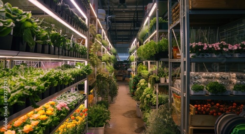 Indoor Greenhouse with Lush Greenery and Vibrant Flowers