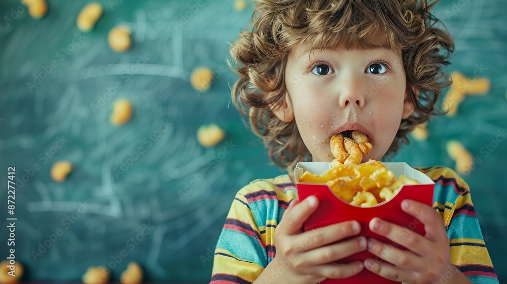Adorable curly-haired child eating fries from a red box in front of a chalkboard. Candid and playful moment. Perfect for lifestyle, snack food, and childhood concepts. AI Adorable curly-haired child eating fries from a red box in front of a chalkboard. Candid and playful moment. Perfect for lifestyle, snack food, and childhood concepts. AI