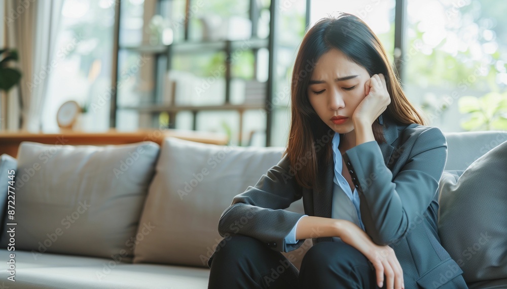 A stressful business woman sitting on a sofa and suffering from headache with hand holding her head A stressful business woman sitting on a sofa and suffering from headache with hand holding her head