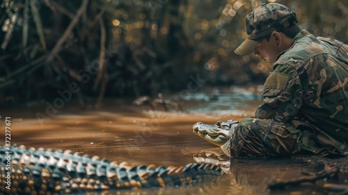 Man wearing camouflage clothing is stealthily observing a dangerous crocodile in its natural habitat, blending in with the environment and remaining undetected while on an outdoor wildlife adventure photo