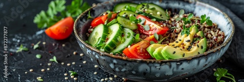 Close up of a nutritious vegetable salad with quinoa, cucumber, ripe tomatoes, and creamy avocado