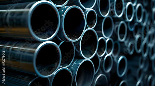 Close-up of Stacked Steel Pipes on Black Background. Concept Industrial Photography, Stacked Pipes, Close-Up Shot, Steel Structure, Black Background