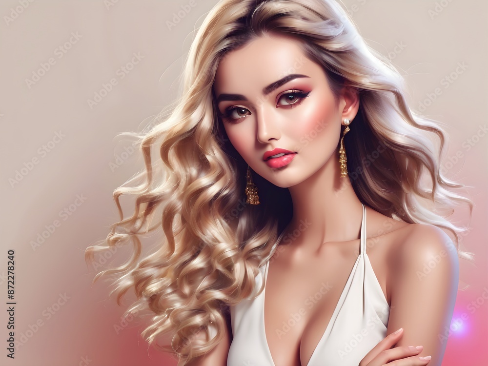 portrait of a blonde woman with brown eyes and white dress on the pink background portrait of a blonde woman with brown eyes and white dress on the pink background