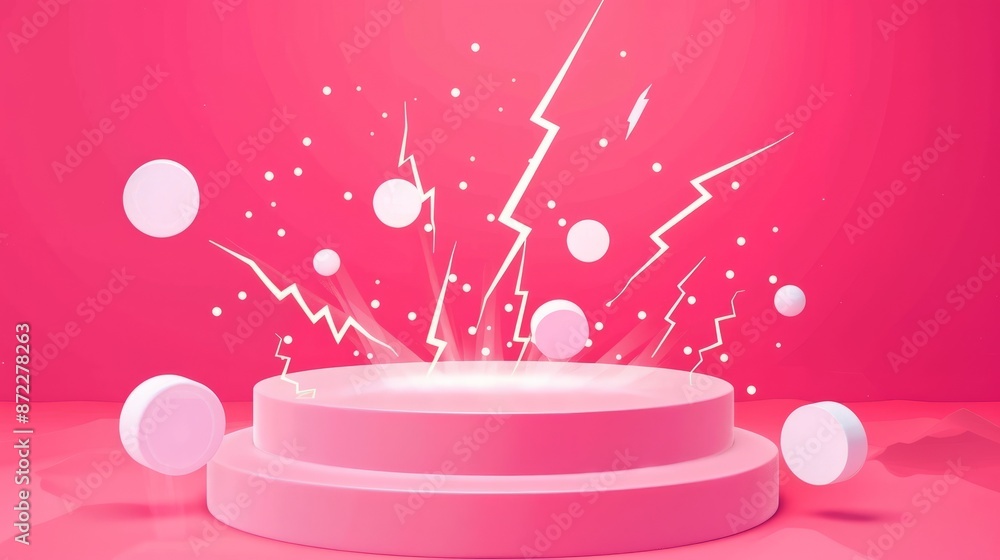 Vibrant pink background with a circular platform and white spheres. Lightning bolts and small dots create a dynamic, energetic scene, perfect for a modern, playful design theme