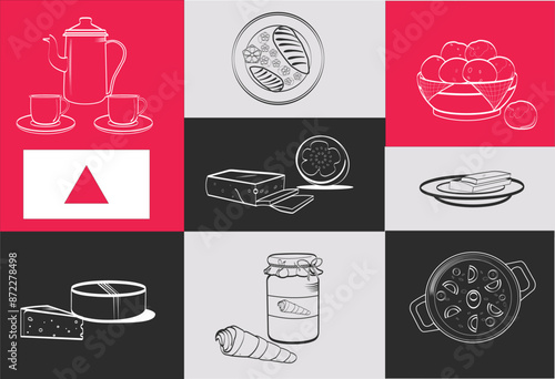 Vector set of typical foods from Minas Gerais, Brazil. This set of vectors with just lines includes dulce de leche, coffee, cheese bread, guava paste, bean tutu and chicken with okra.