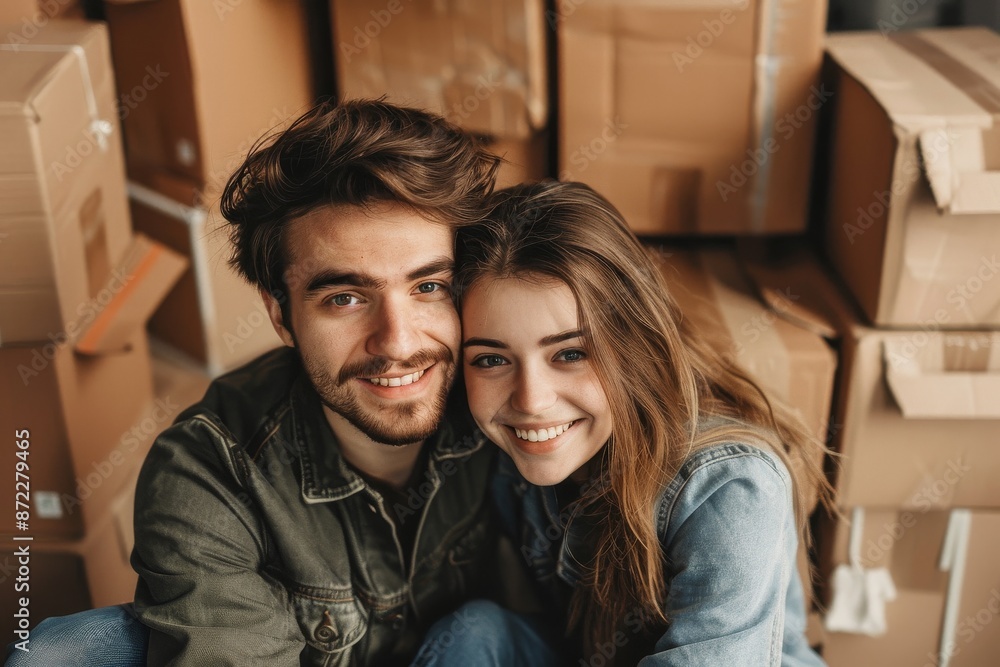 Smiling couple hugs among cardboard boxes in their new apartment. Concept of moving to a new apartment or house Smiling couple hugs among cardboard boxes in their new apartment. Concept of moving to a new apartment or house