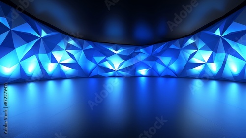 Futuristic abstract blue geometric wall and floor background with illuminating lights creating a modern and tech-inspired atmosphere for creative projects and digital graphics concept