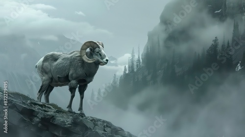 Powerful ram stands amid a foggy, ethereal mountain scene, exuding strength and mystery. Generative AI