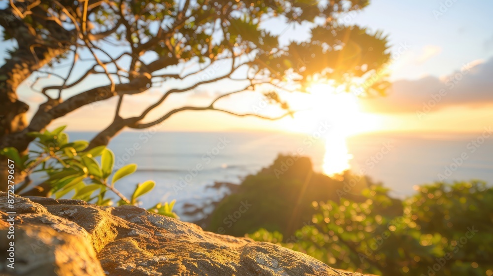 Fototapeta premium Serene Sunset Scene Featuring Lichen-Covered Rock and Mountain Range