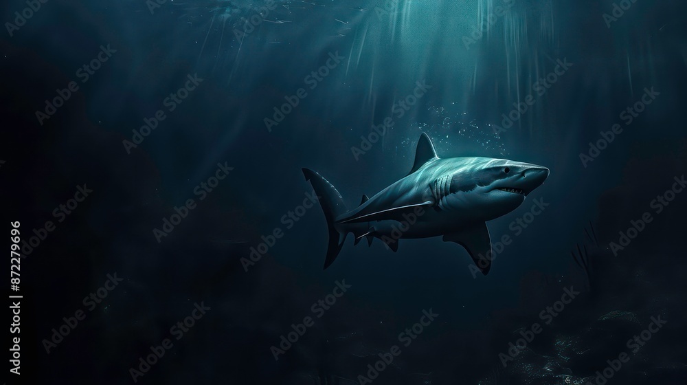 Powerful shark glides gracefully in a dark, serene underwater scene. Generative AI Powerful shark glides gracefully in a dark, serene underwater scene. Generative AI